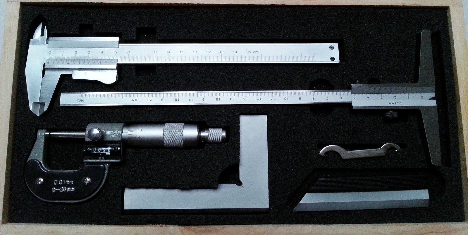 5pc Engineers Measuring Set ~ Caliper, Micrometer, Depth Gauge, Square, Edge 